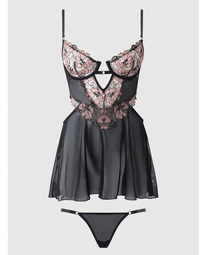 House of Desire Nova Lace &amp; Mesh Babydoll w/G-String 2 pc Set - Black 1X/2X - Image 5