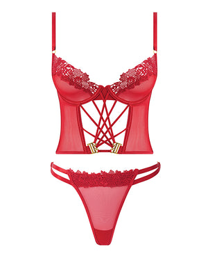 Ashley Alexiss Bustier w/Front Lace Up Ribbon Details & Matching High Cut Thong - Red XL - Image 5
