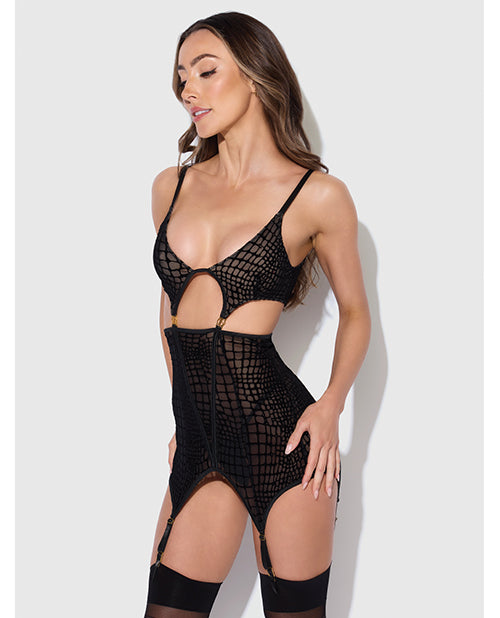 House of Desire Snake Velvet-Burnout Mesh Chemise &amp; G-String Set - Black SM