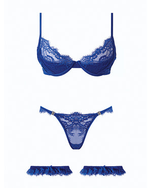 House of Desire Madeline Lace &amp; Mesh Bra, Garters, &amp; Panty - Cobalt Blue XL - Image 5