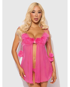 House of Desire Marilyn Marabou &amp; Mesh Babydoll &amp; G-String Set - Pink 1X/2X