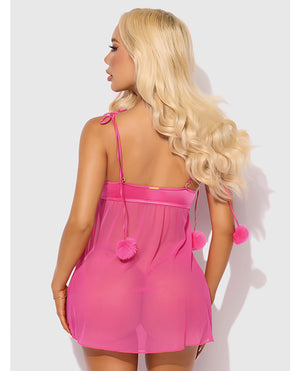 House of Desire Marilyn Marabou &amp; Mesh Babydoll &amp; G-String Set - Pink 1X/2X - Image 2