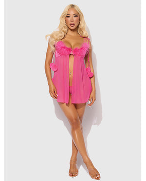 House of Desire Marilyn Marabou &amp; Mesh Babydoll &amp; G-String Set - Pink 1X/2X - Image 3
