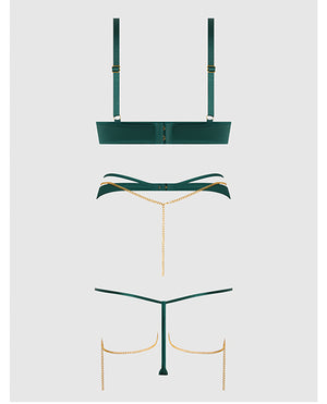 Evangeline Satin & Chain Push Up Bra, Thigh Garter Belt & G-String Set - Green 3X/4X - Image 5