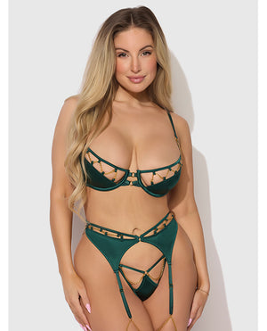 House of Desire Evangeline Satin &amp; Chain Push Up Bra, Thigh Garter Belt &amp; G-String Set - Green XL