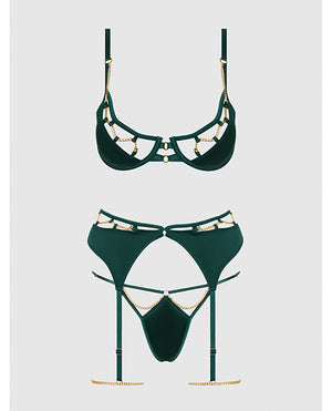 House of Desire Evangeline Satin &amp; Chain Push Up Bra, Thigh Garter Belt &amp; G-String Set - Green XL - Image 5