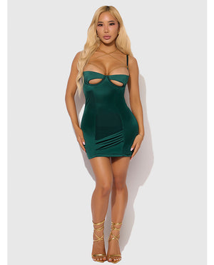 Evangeline Satin & Chain Open Cup & Back Chemise & G-String Set - Green LG - Image 3