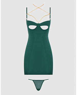 Evangeline Satin & Chain Open Cup & Back Chemise & G-String Set - Green LG - Image 5