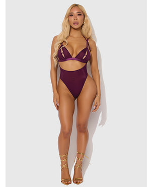 House of Desire Yasmine Shimmer Mesh Slit Cup, Backless Teddy &amp; Bralette Set - Burgundy 1X/2X - Image 3