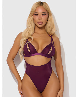 House of Desire Yasmine Shimmer Mesh Slit Cup, Backless Teddy &amp; Bralette Set - Burgundy 3X/4X - Image 2