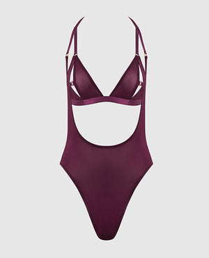 House of Desire Yasmine Shimmer Mesh Slit Cup, Backless Teddy &amp; Bralette Set - Burgundy 3X/4X - Image 5