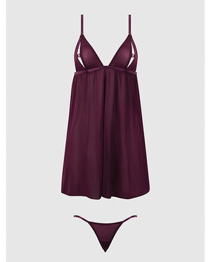 House of Desire Yasmine Shimmer Mesh O-Ring Slit Cup Babydoll &amp; G-String Set - Burgundy XL - Image 5
