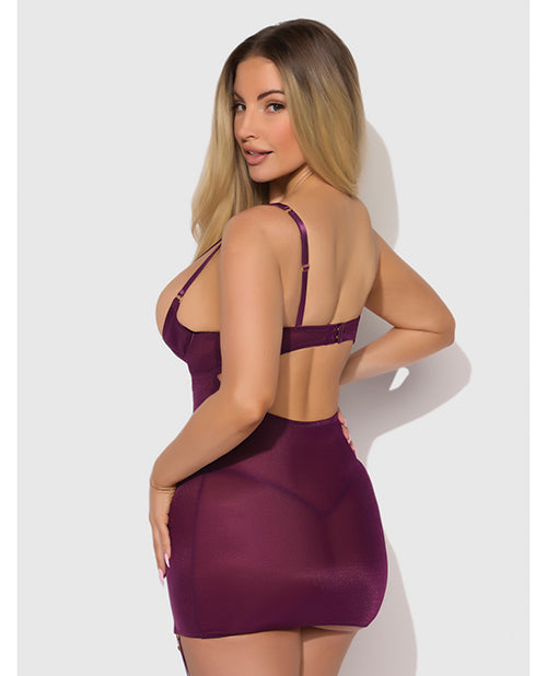 Yasmine Shimmer Mesh O-Ring Thigh Garter Chemise & G-String Set - Burgundy 3X/4X - Image 2
