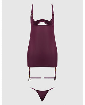 House of Desire Yasmine Shimmer Mesh O-Ring Thigh Garter Chemise &amp; G-String Set - Burgundy SM - Image 5