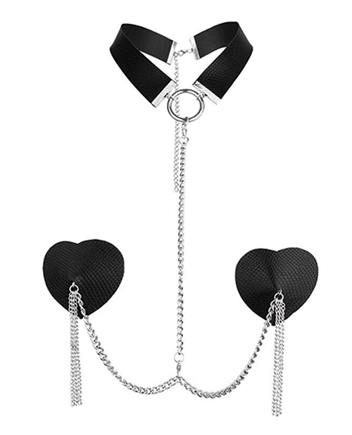 Nipplicious Nipplicious Dominatrix Leather Collar &amp; Pasties w/Chain - Black
