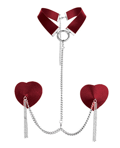 Nipplicious Nipplicious Dominatrix Leather Collar &amp; Pasties w/Chain - Red