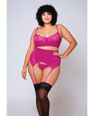 iCollection Lingerie Soft Lace Bra, High Waist Satin &amp; Mesh Garterbelt &amp; G-String Fuchsia 1X