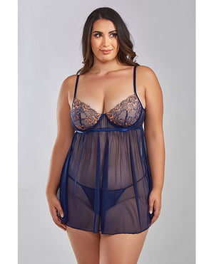 iCollection Lingerie Jennie Cross Dyed Galloon Lace &amp; Mesh Babydoll Navy 2X