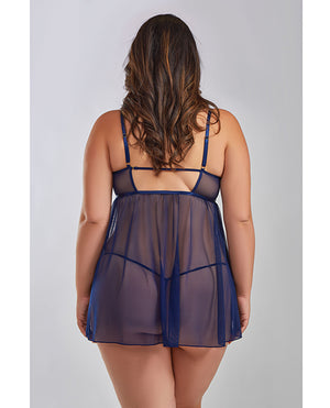iCollection Lingerie Jennie Cross Dyed Galloon Lace &amp; Mesh Babydoll Navy 2X - Image 2