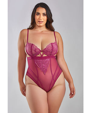 iCollection Lingerie Quinn Cross Dyed Galloon Lace &amp; Mesh Teddy Wine 1X