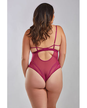 iCollection Lingerie Quinn Cross Dyed Galloon Lace &amp; Mesh Teddy Wine 2X - Image 2