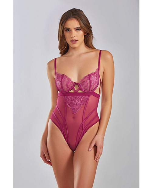 iCollection Lingerie Quinn Cross Dyed Galloon Lace &amp; Mesh Teddy Wine SM