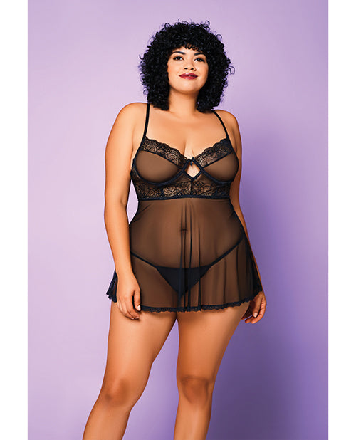 Glitter Soft Mesh Babydoll &amp; G-String Black 1X