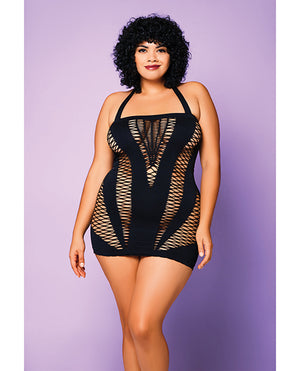 Glitter Heart of Chaos Seamless Chemise w/Halter Strap &amp; Vertical V Cut Outs Black QN