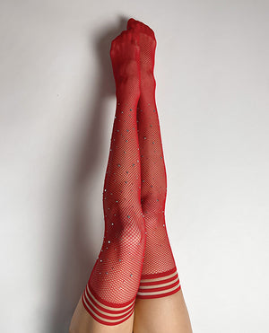 Kixies Kix'ies Joely Fishnet Rhinestone Thigh High Red B