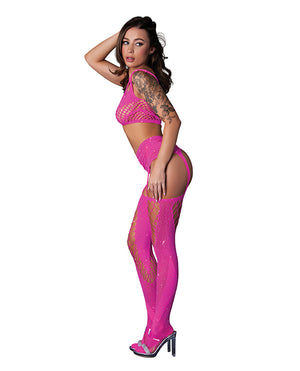 Exposed Seamless Blacklight Reflective Bralette w/G-String &amp; Garter Stocking 3 pc Set - Pink O/S
