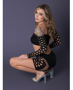 Seamless Crop Top & Short w/Crystal Details 2 pc Set - Black O/S - Image 4