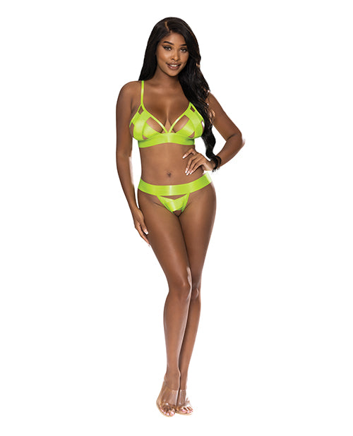 Exposed Strap-Tease Bra &amp; Crotchless Panty Neon Yellow S/M