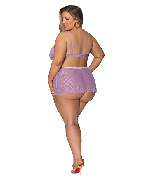 Exposed Girl Next Door Strappy Bralette w/Flirty Thong Skirt Lilac 2XL