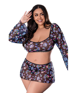 Exposed Hazy Dayz Shrooms Crop Top w/Skirt &amp; Thong - Black QN