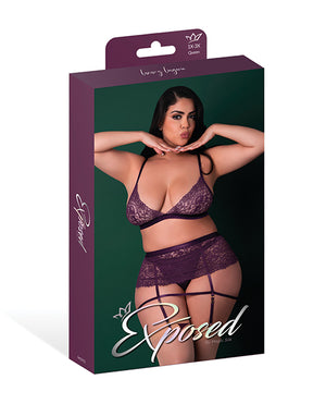 Exposed Leather &amp; Lace Stretch Mesh and Lace Bralette w/Garter &amp; Thong 3 pc Set - Plum 2X - Image 5