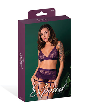 Leather & Lace Stretch Mesh and Lace Bralette w/Garter & Thong 3 pc Set - Plum S/M - Image 4