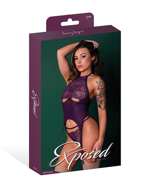 Exposed Leather &amp; Lace Stretch Mesh and Lace Underboob Cutout Corset &amp; Panty 2 pc Set - Plum S/M - Image 5