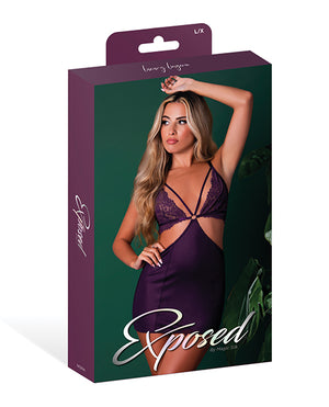Exposed Leather &amp; Lace Stretch Mesh and Lace Chemise w/Thong 2 pc Set - Plum L/XL - Image 5