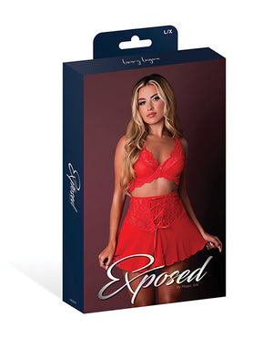 Exposed Sugar High Bralette w/Cincher Skirt &amp; Thong 3 pc Set - Red L/XL - Image 5