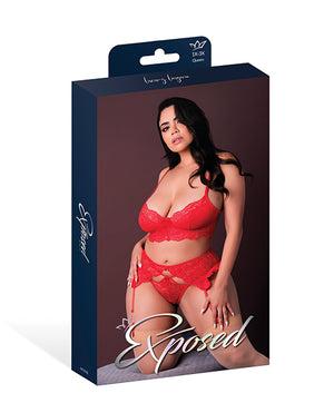 Exposed Sugar High Lace Bralette w/Garter Belt &amp; Strappy Panty 3 pc Set - Red 2X - Image 5