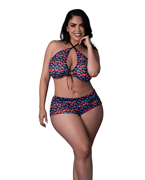 Exposed Hazy Dayz Gummy Bear Blacklight Reflective Halter Top &amp; Short 2 pc Set - Multi QN