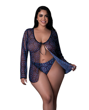Exposed Hazy Dayz Butterfly Blacklight Reflective Tie Front Top &amp; Thong 2 pc Set - Black Multi QN