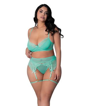 Exposed Caribbean Crush Demi Bra w/Thong &amp; Garters 3 pc Set - Aqua QN - Image 2