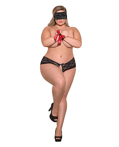 Exposed Love &amp; Bondage Split Back Lace Booty Short, Blindfold &amp; Wrist Ties Black QN