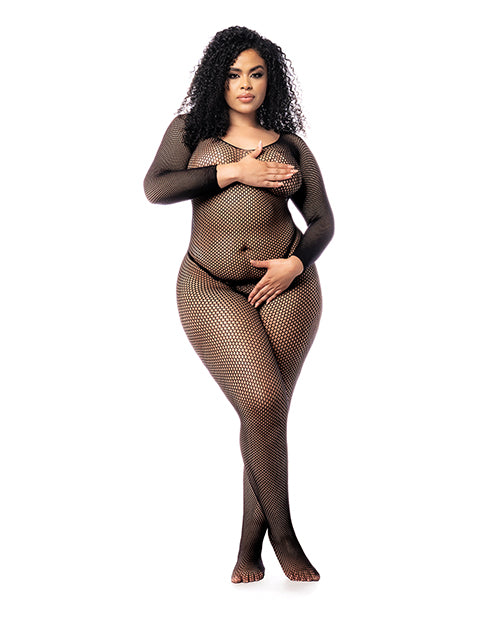 Mapale Long Sleeved All Over Fishnet Body Stocking Black QN - Image 2