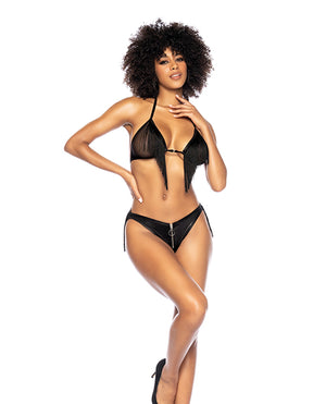 Mapale Fringe Halter Top &amp; Open Back Bottom w/Front Zipper Black L/XL