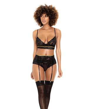 Mapale Lace Underwire Bra, Thong &amp; Garterbelt w/Lace Up Detail Black M/L