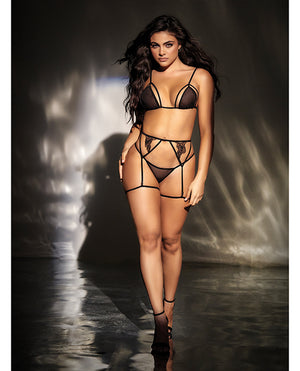 Mapale Mesh Top w/Adjustable Coverage, Garter Belt &amp; Thong Black L/XL