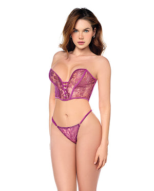 Mapale Mesh Bustier &amp; G-String w/Adjustable Sides 2 pc Set - Pink L/XL