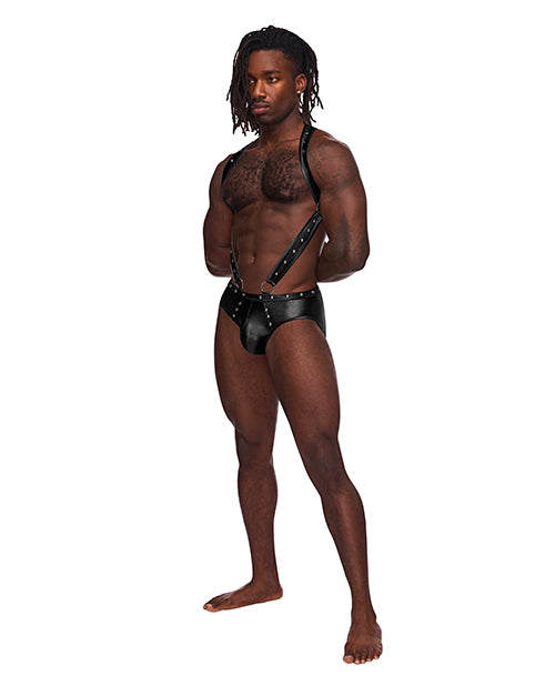Male Power Fetish Uranus Nylon Spandex Moonshine Harness Brief Black S/M - Image 2